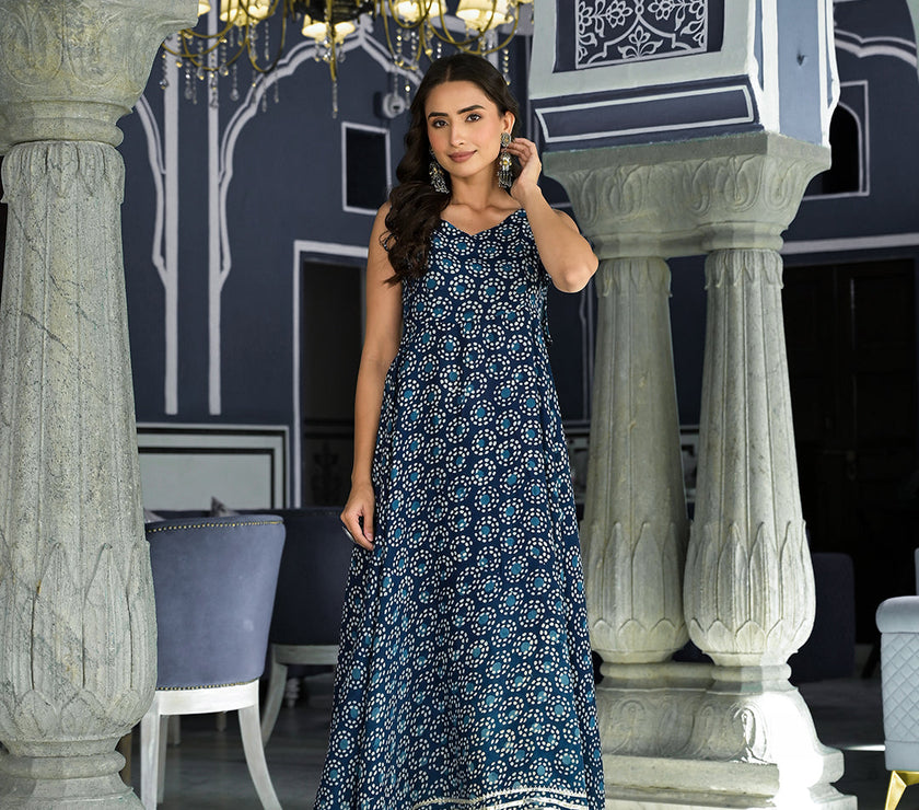 Divena Blue Printed Anarkali Muslin Shoulder Stripe Kurta Trouser with Dupatta Set