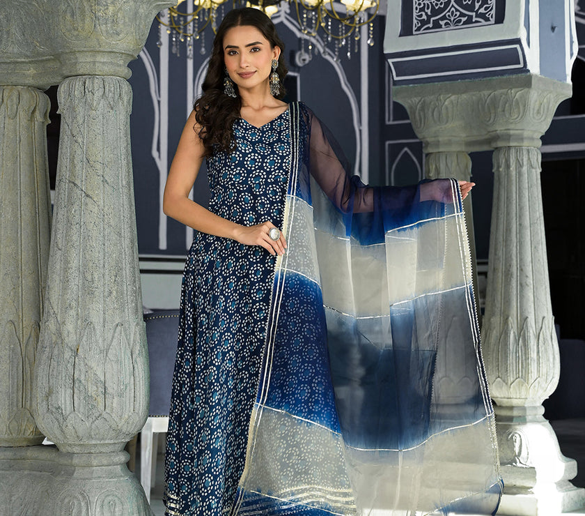 Divena Blue Printed Anarkali Muslin Shoulder Stripe Kurta Trouser with Dupatta Set