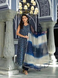 Divena Blue Printed Anarkali Muslin Shoulder Stripe Kurta Trouser with Dupatta Set