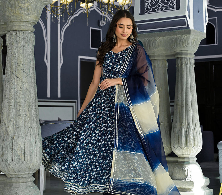 Divena Blue Printed Anarkali Muslin Shoulder Stripe Kurta Trouser with Dupatta Set