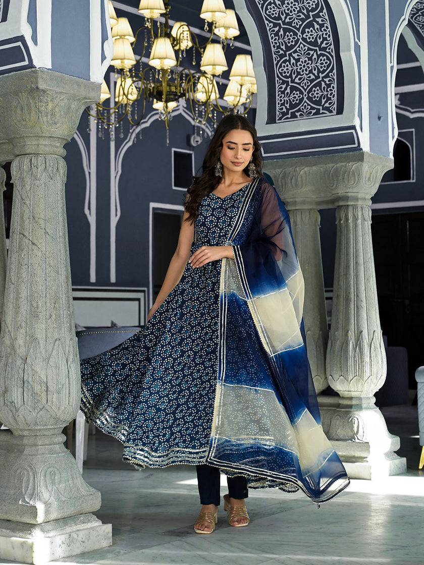 Divena Blue Printed Anarkali Muslin Shoulder Stripe Kurta Trouser with Dupatta Set