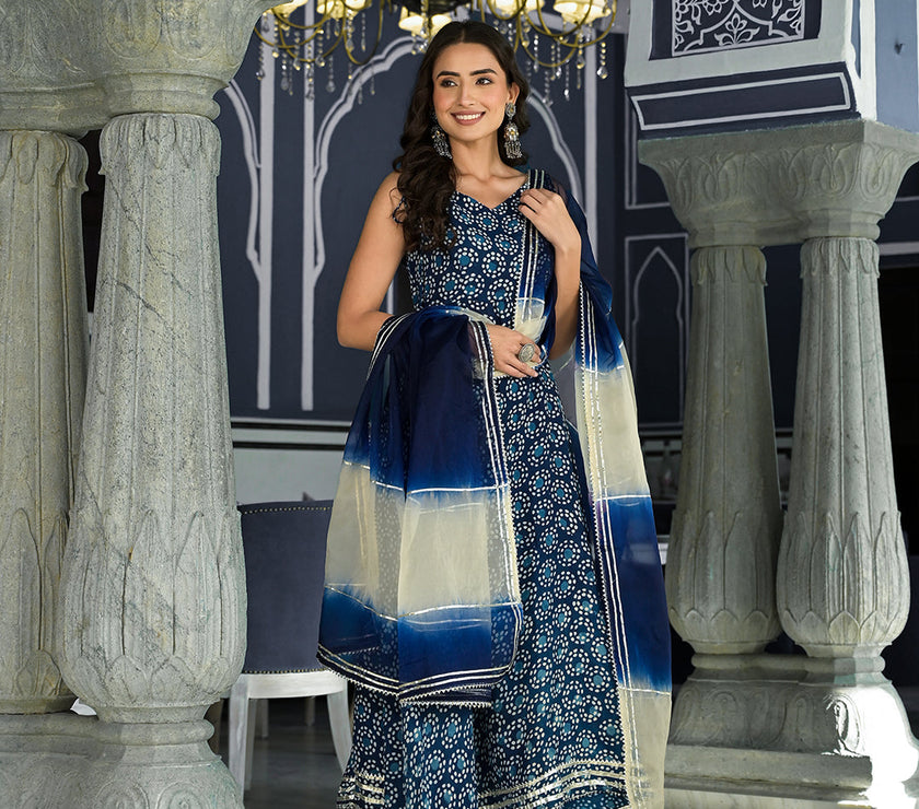 Divena Blue Printed Anarkali Muslin Shoulder Stripe Kurta Trouser with Dupatta Set