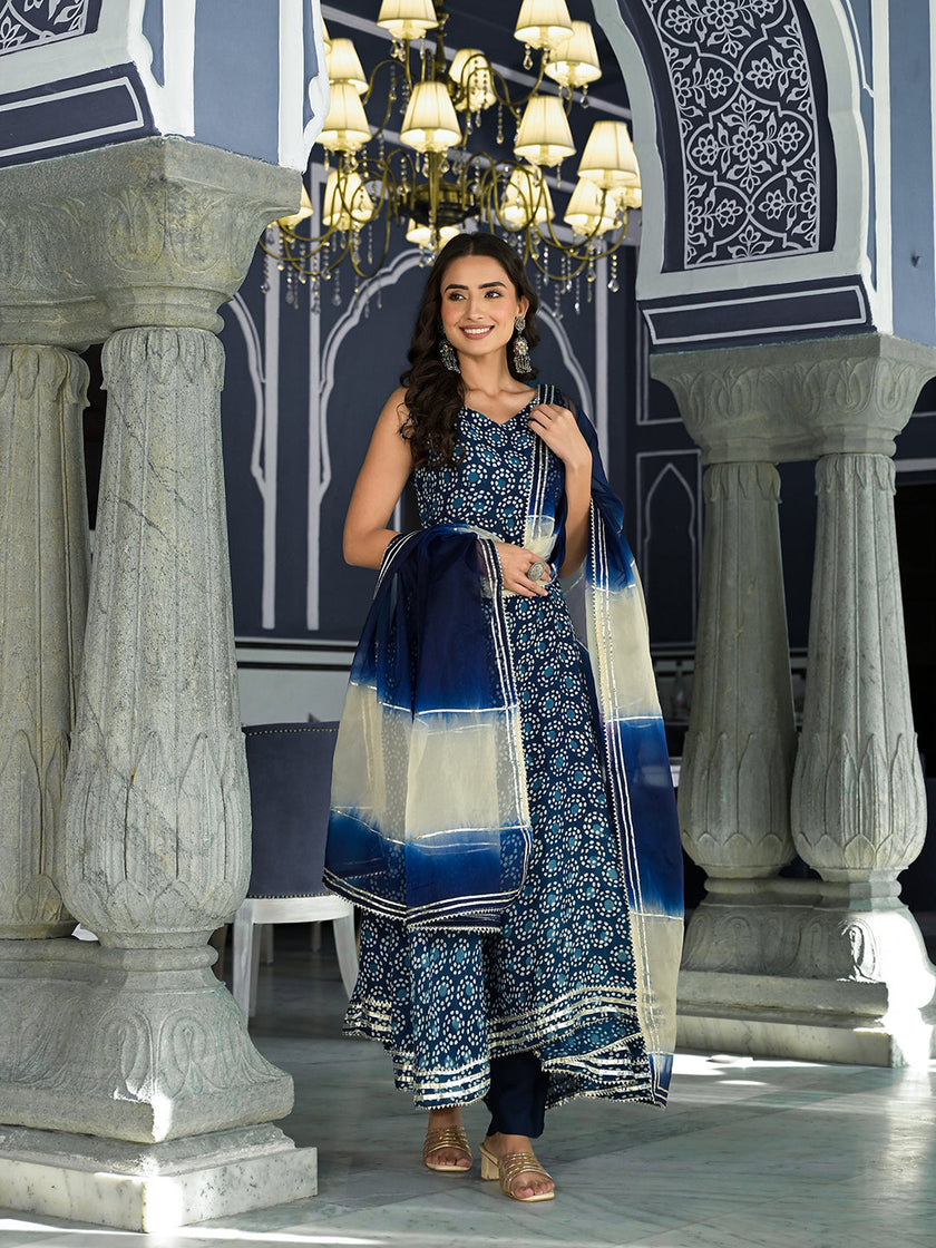 Divena Blue Printed Anarkali Muslin Shoulder Stripe Kurta Trouser with Dupatta Set