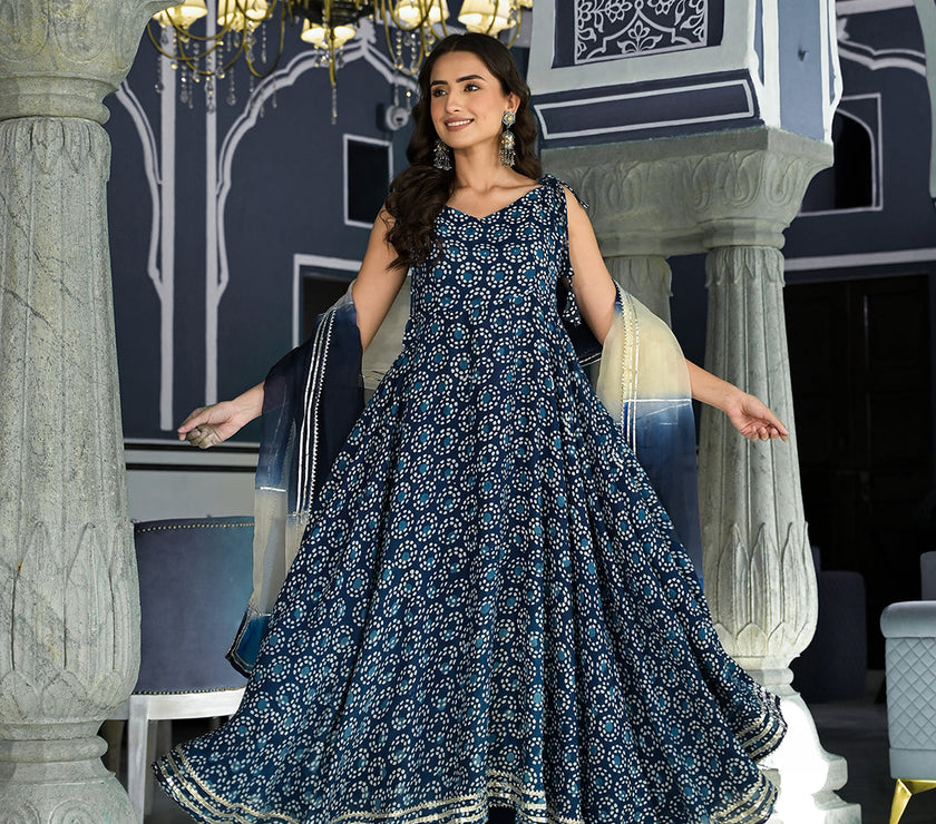 Divena Blue Printed Anarkali Muslin Shoulder Stripe Kurta Trouser with Dupatta Set