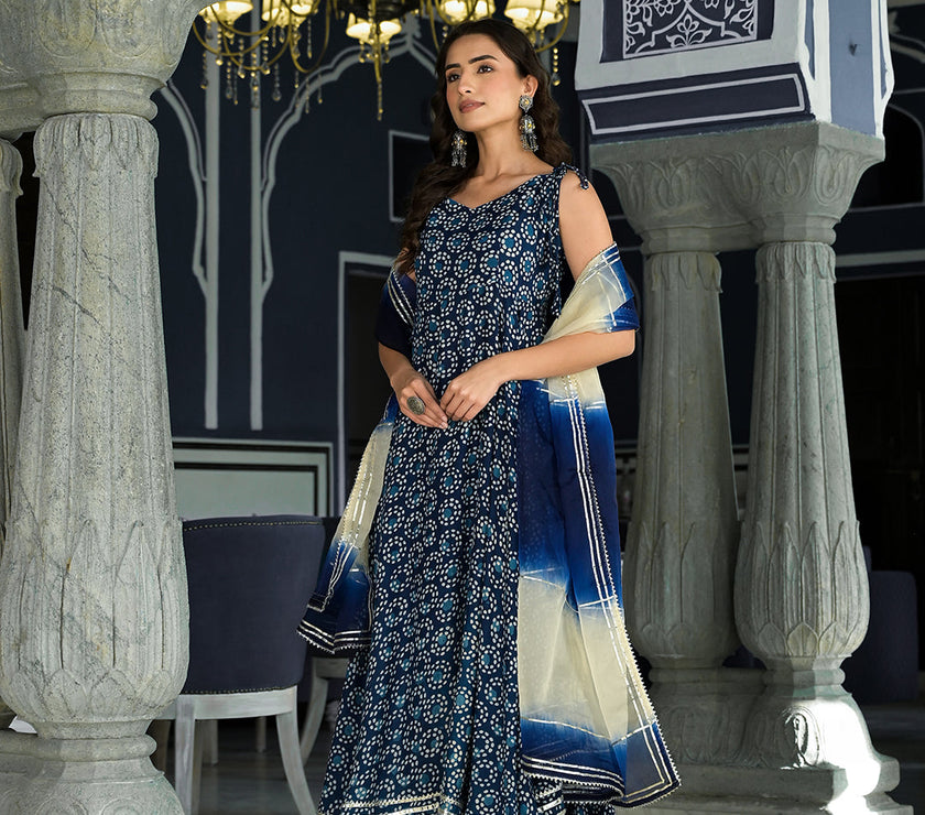 Divena Blue Printed Anarkali Muslin Shoulder Stripe Kurta Trouser with Dupatta Set