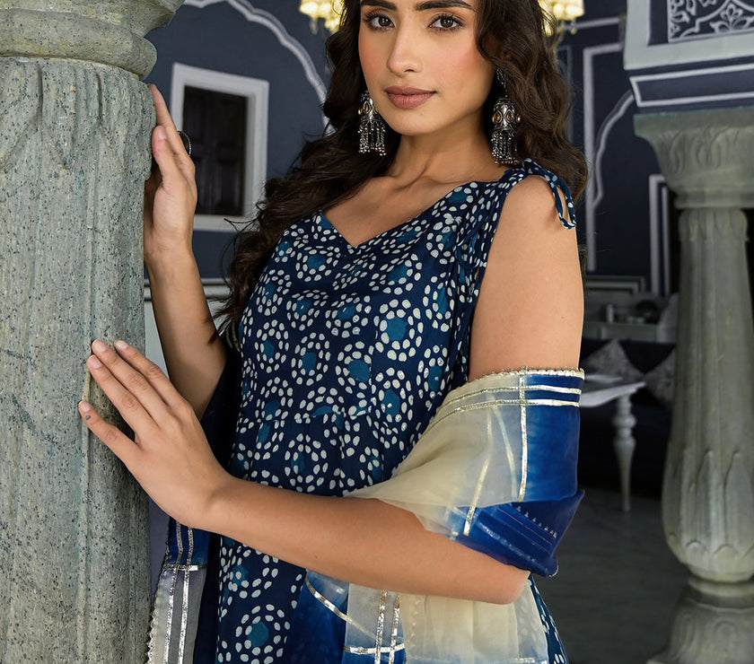 Divena Blue Printed Anarkali Muslin Shoulder Stripe Kurta Trouser with Dupatta Set