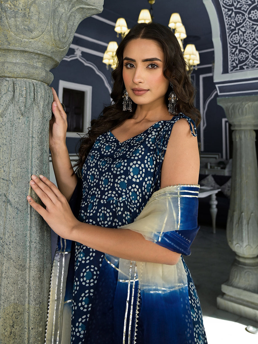 Divena Blue Printed Anarkali Muslin Shoulder Stripe Kurta Trouser with Dupatta Set