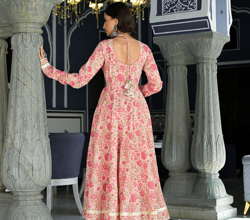 Divena Pink Floral Hand Block Printed Anarkali Kurta Trouser with Dupatta Set