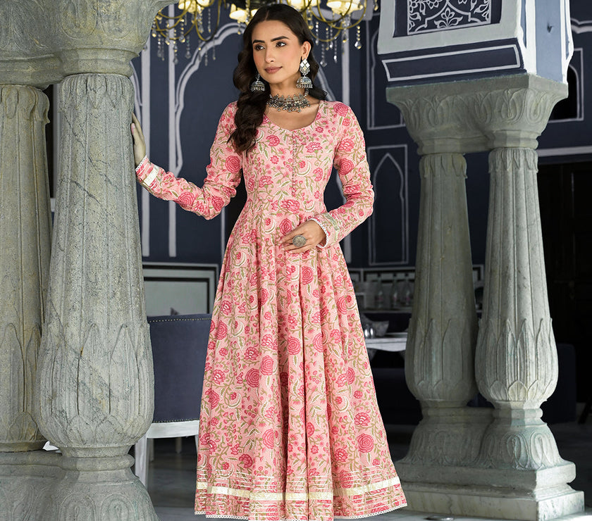 Divena Pink Floral Hand Block Printed Anarkali Kurta Trouser with Dupatta Set