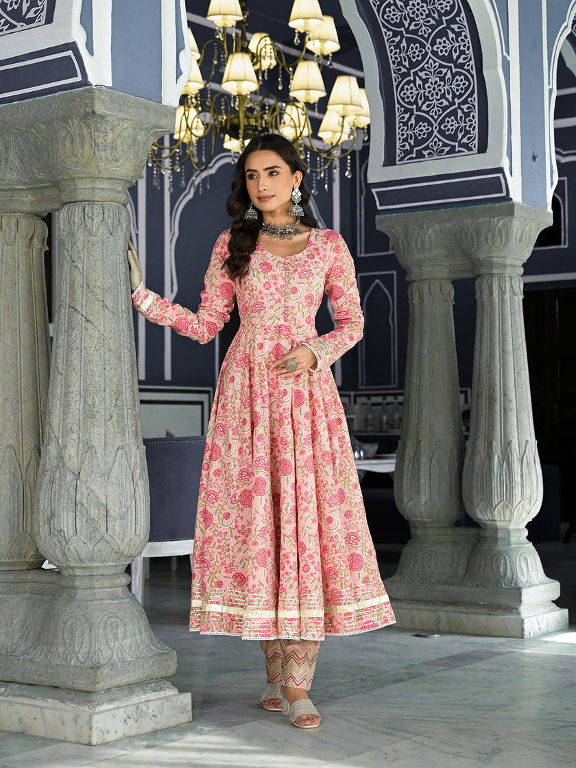 Divena Pink Floral Hand Block Printed Anarkali Kurta Trouser with Dupatta Set