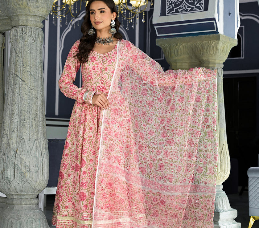 Divena Pink Floral Hand Block Printed Anarkali Kurta Trouser with Dupatta Set