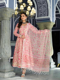 Divena Pink Floral Hand Block Printed Anarkali Kurta Trouser with Dupatta Set