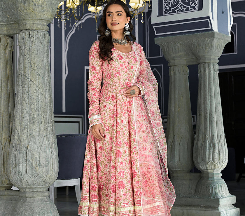 Divena Pink Floral Hand Block Printed Anarkali Kurta Trouser with Dupatta Set