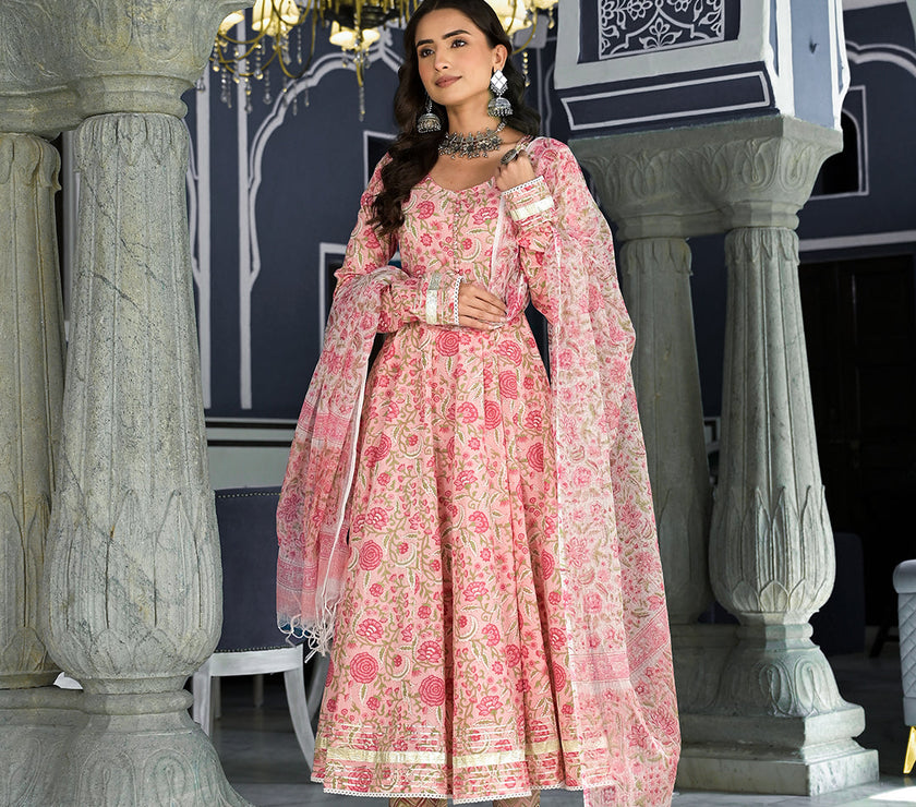 Divena Pink Floral Hand Block Printed Anarkali Kurta Trouser with Dupatta Set