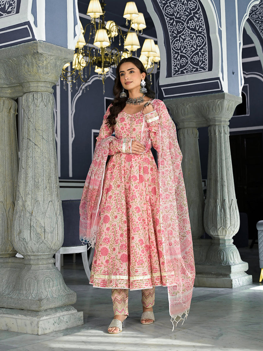 Divena Pink Floral Hand Block Printed Anarkali Kurta Trouser with Dupatta Set