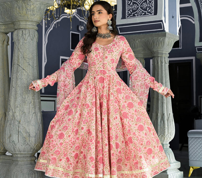 Divena Pink Floral Hand Block Printed Anarkali Kurta Trouser with Dupatta Set