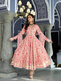 Divena Pink Floral Hand Block Printed Anarkali Kurta Trouser with Dupatta Set