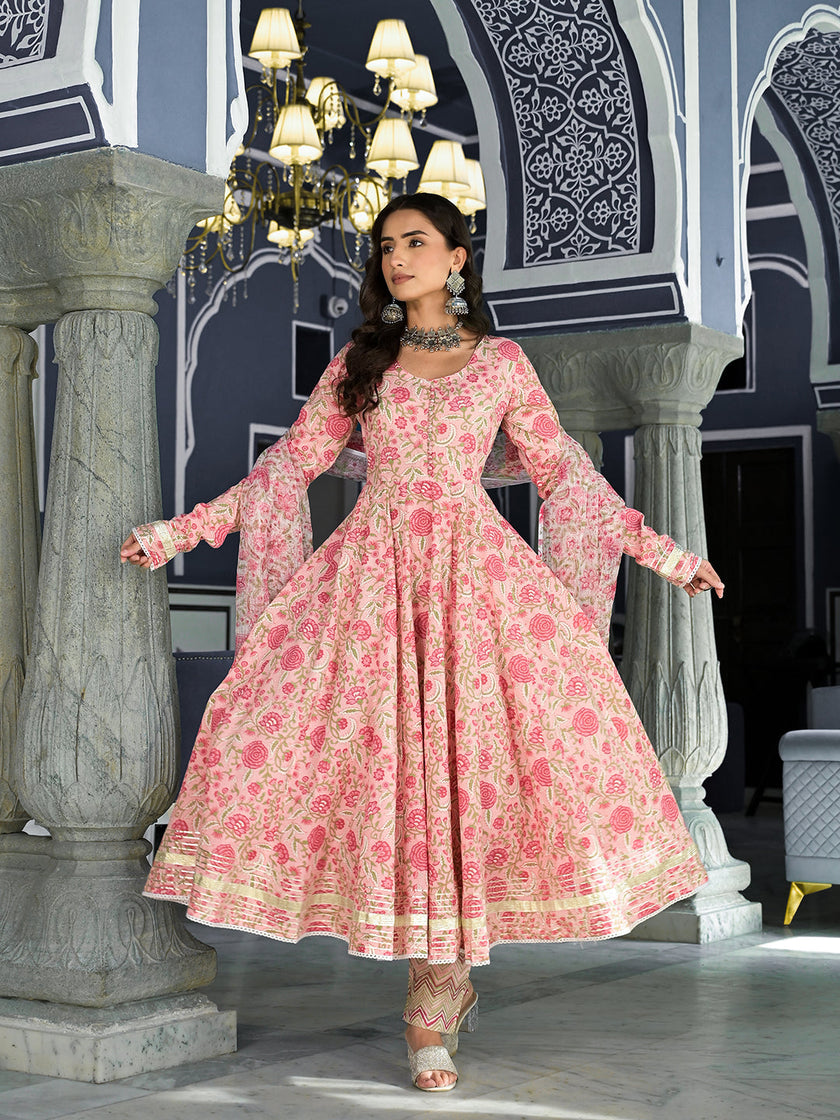 Divena Pink Floral Hand Block Printed Anarkali Kurta Trouser with Dupatta Set