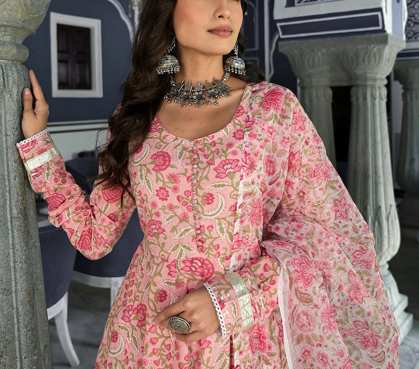 Divena Pink Floral Hand Block Printed Anarkali Kurta Trouser with Dupatta Set