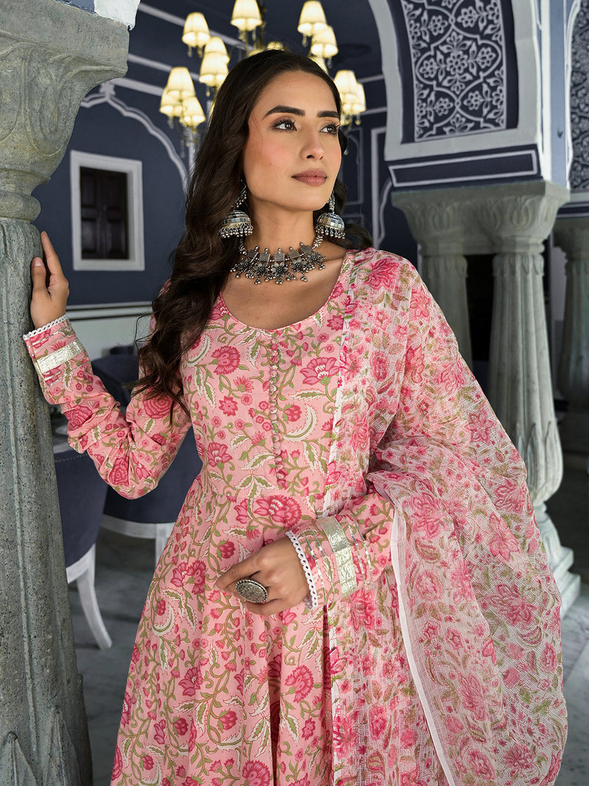 Divena Pink Floral Hand Block Printed Anarkali Kurta Trouser with Dupatta Set