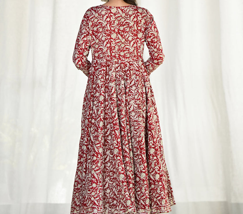 Divena Maroon Floral Printed Anarkali Cotton Kurta Trouser with Dupatta Set