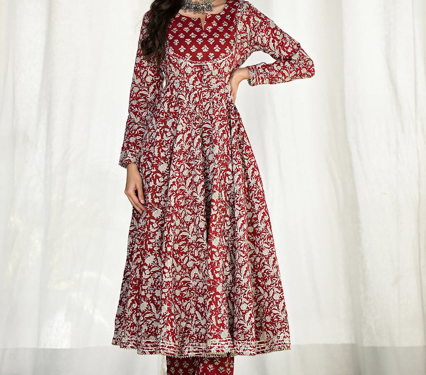 Divena Maroon Floral Printed Anarkali Cotton Kurta Trouser with Dupatta Set