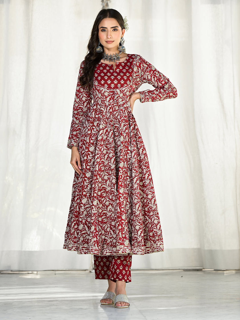 Divena Maroon Floral Printed Anarkali Cotton Kurta Trouser with Dupatta Set