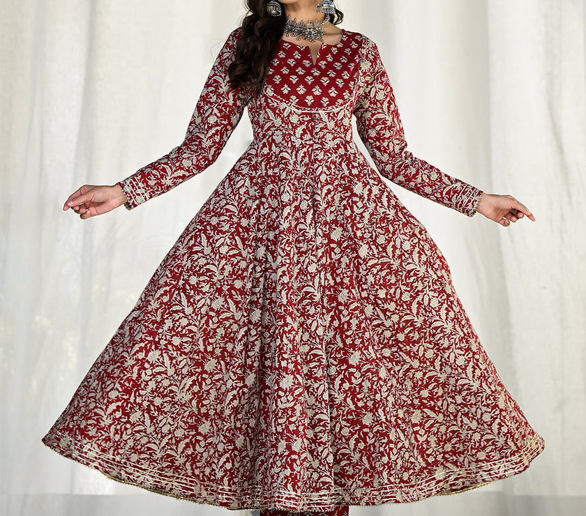 Divena Maroon Floral Printed Anarkali Cotton Kurta Trouser with Dupatta Set