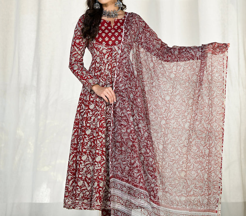 Divena Maroon Floral Printed Anarkali Cotton Kurta Trouser with Dupatta Set