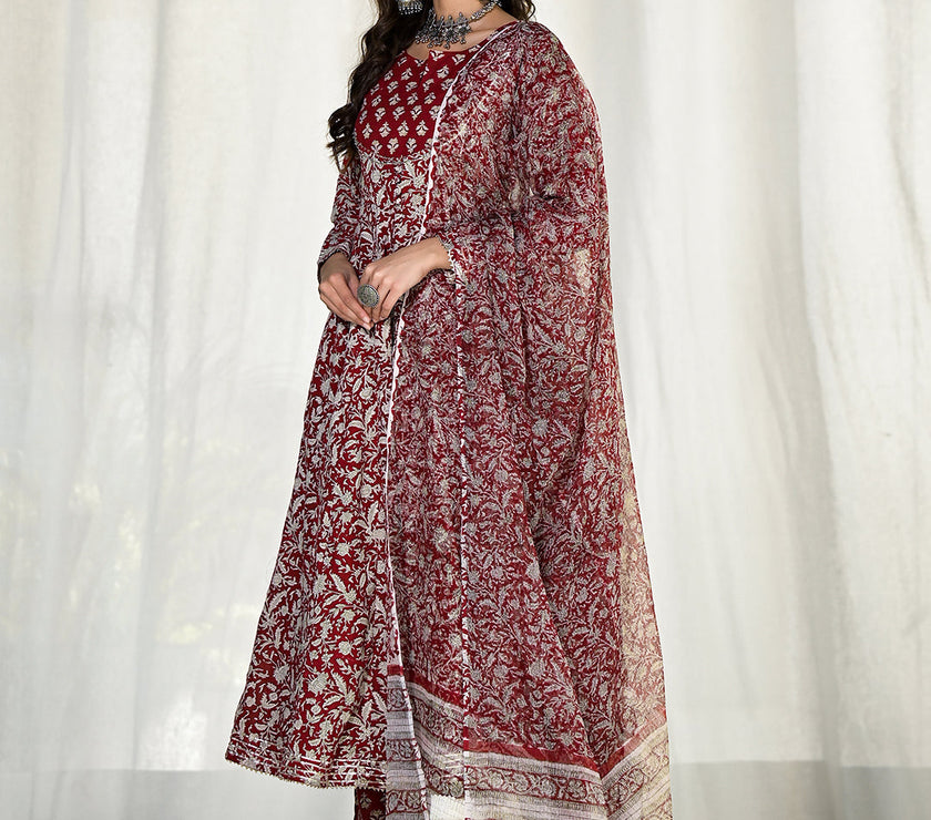 Divena Maroon Floral Printed Anarkali Cotton Kurta Trouser with Dupatta Set