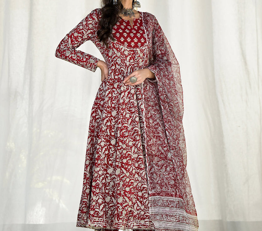 Divena Maroon Floral Printed Anarkali Cotton Kurta Trouser with Dupatta Set