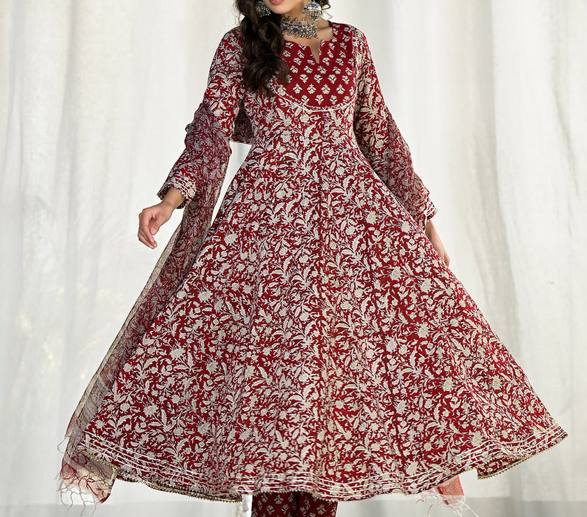 Divena Maroon Floral Printed Anarkali Cotton Kurta Trouser with Dupatta Set