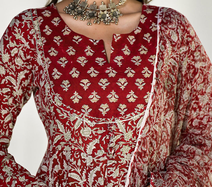 Divena Maroon Floral Printed Anarkali Cotton Kurta Trouser with Dupatta Set