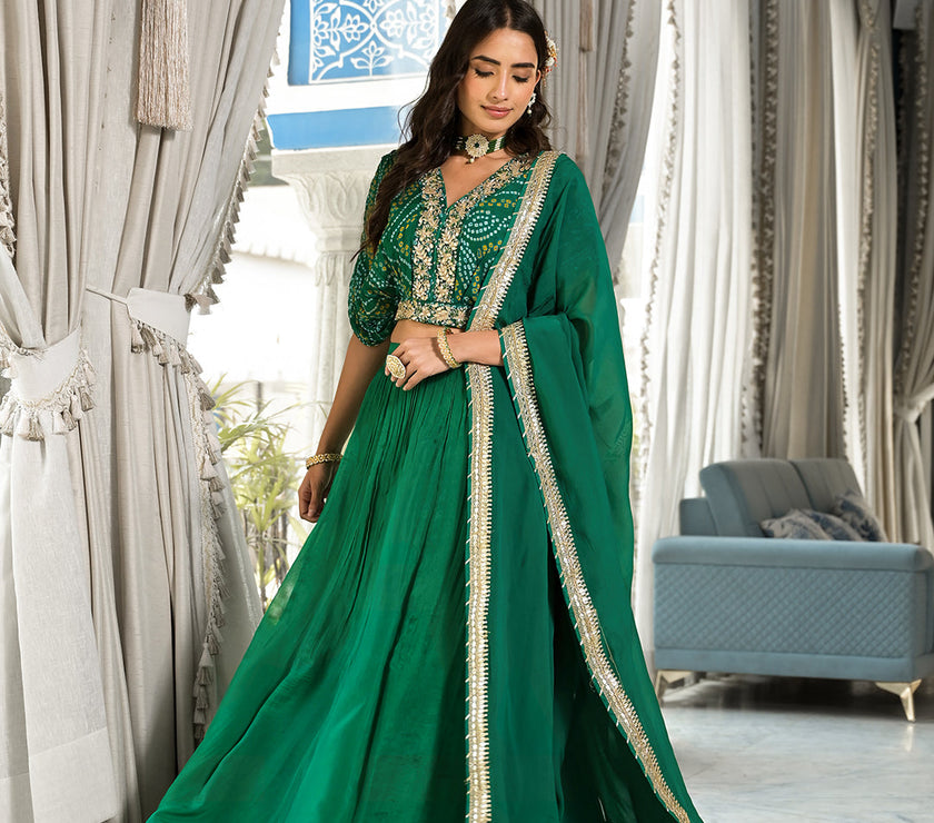 Green Bandhani Print Chinon Fabric Lehenga Crop top with Dupatta Set