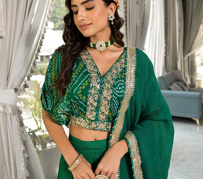 Green Bandhani Print Chinon Fabric Lehenga Crop top with Dupatta Set