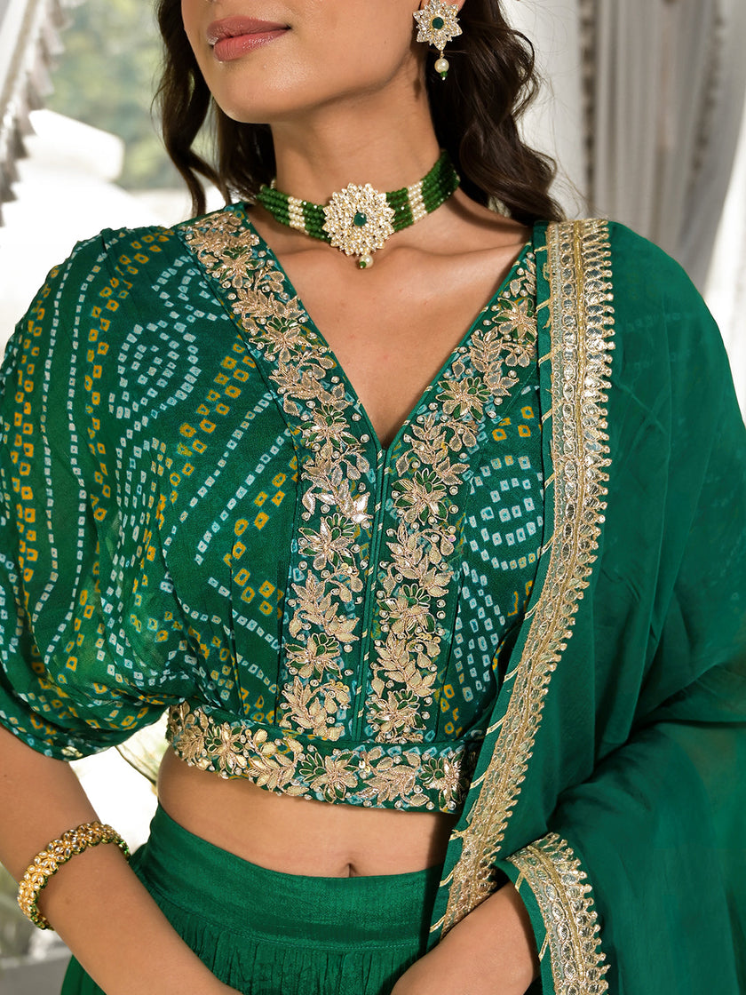 Green Bandhani Print Chinon Fabric Lehenga Crop top with Dupatta Set