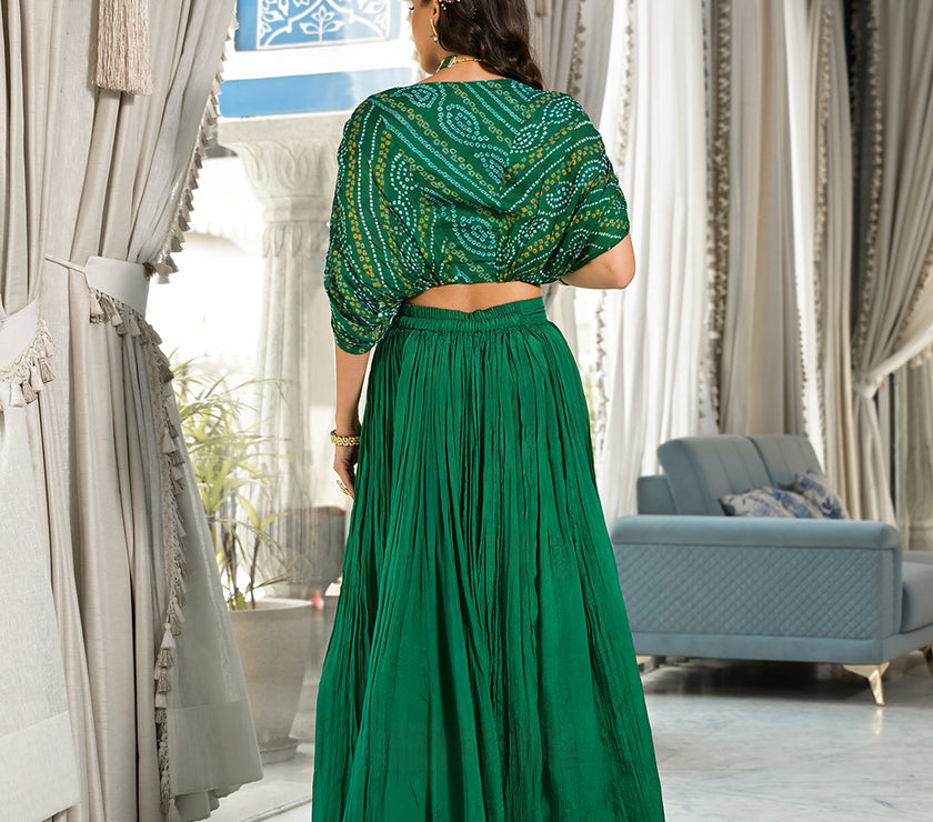 Green Bandhani Print Chinon Fabric Lehenga Crop top with Dupatta Set