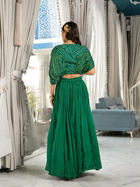 Green Bandhani Print Chinon Fabric Lehenga Crop top with Dupatta Set