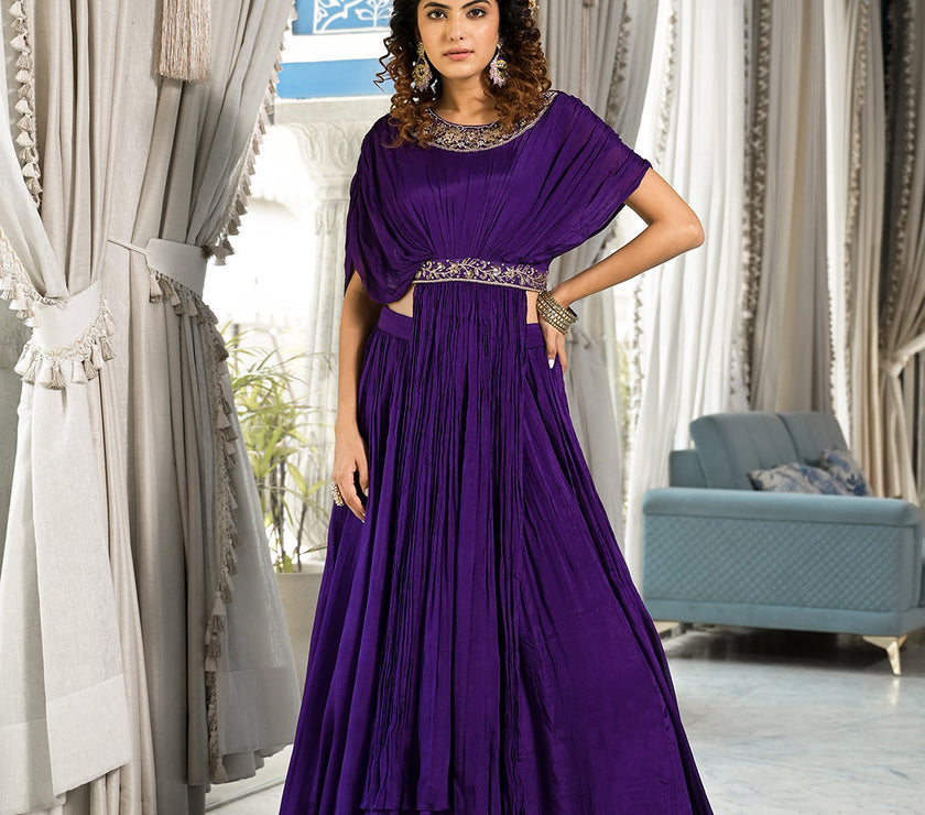 Divena Purple Zardozi Work Chinon Fabric Crop Top with Lehenga