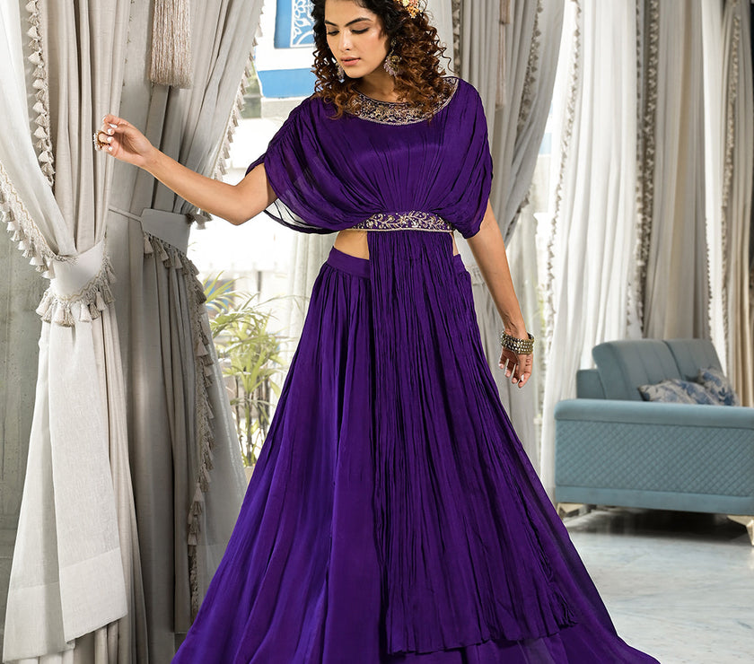 Divena Purple Zardozi Work Chinon Fabric Crop Top with Lehenga