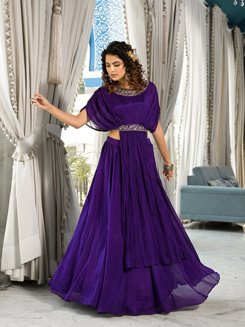 Divena Purple Zardozi Work Chinon Fabric Crop Top with Lehenga