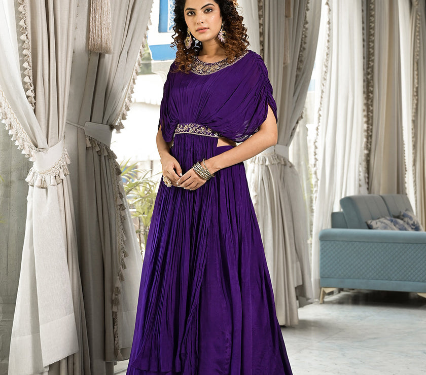 Divena Purple Zardozi Work Chinon Fabric Crop Top with Lehenga