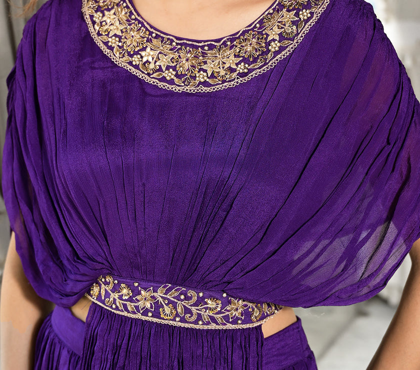 Divena Purple Zardozi Work Chinon Fabric Crop Top with Lehenga