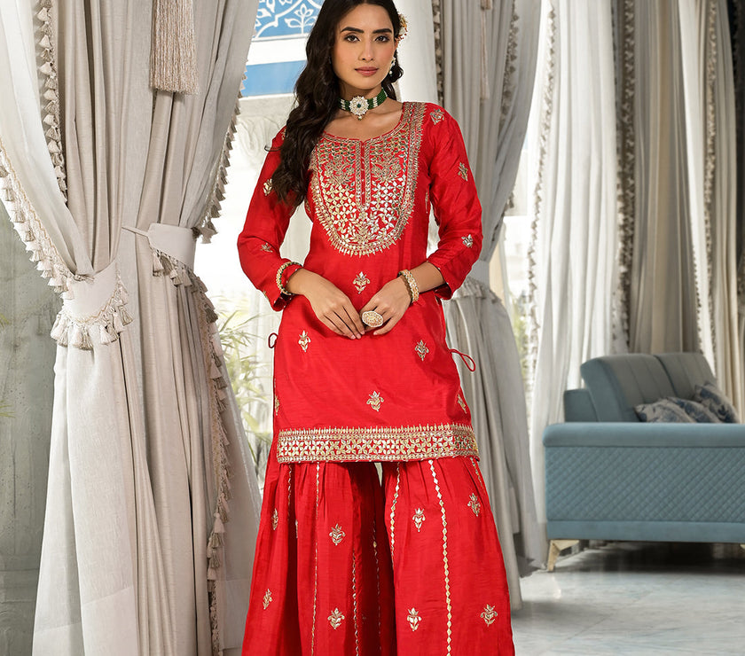 Red Kachhi Patti Work Russian Silk short Kurta sharara with Dupatta