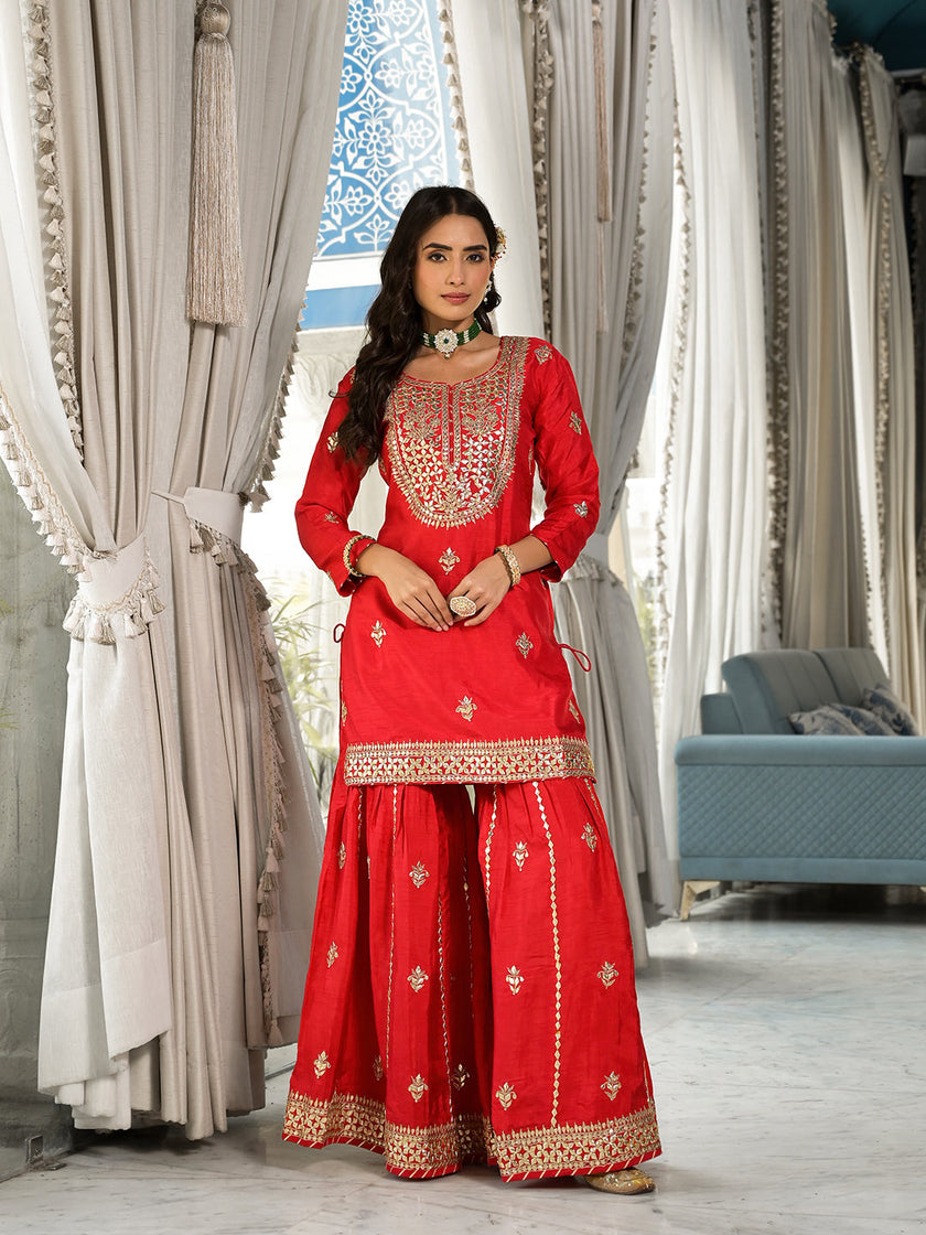 Red Kachhi Patti Work Russian Silk short Kurta sharara with Dupatta