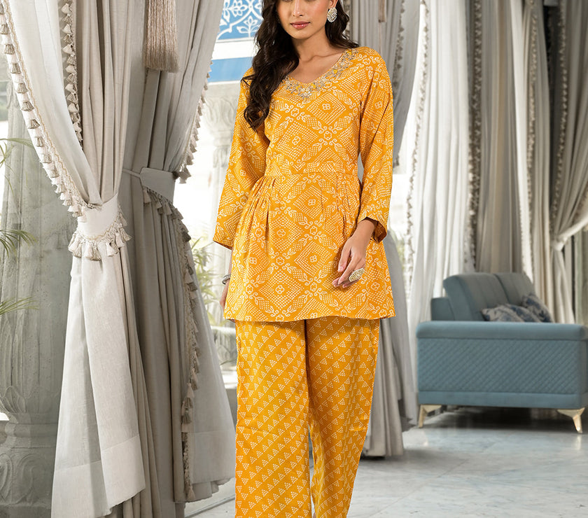 Mustard Yellow Digital Print Gota Work Pure Muslin Co-ord Set