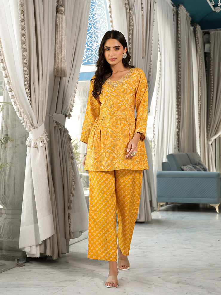 Mustard Yellow Digital Print Gota Work Pure Muslin Co-ord Set