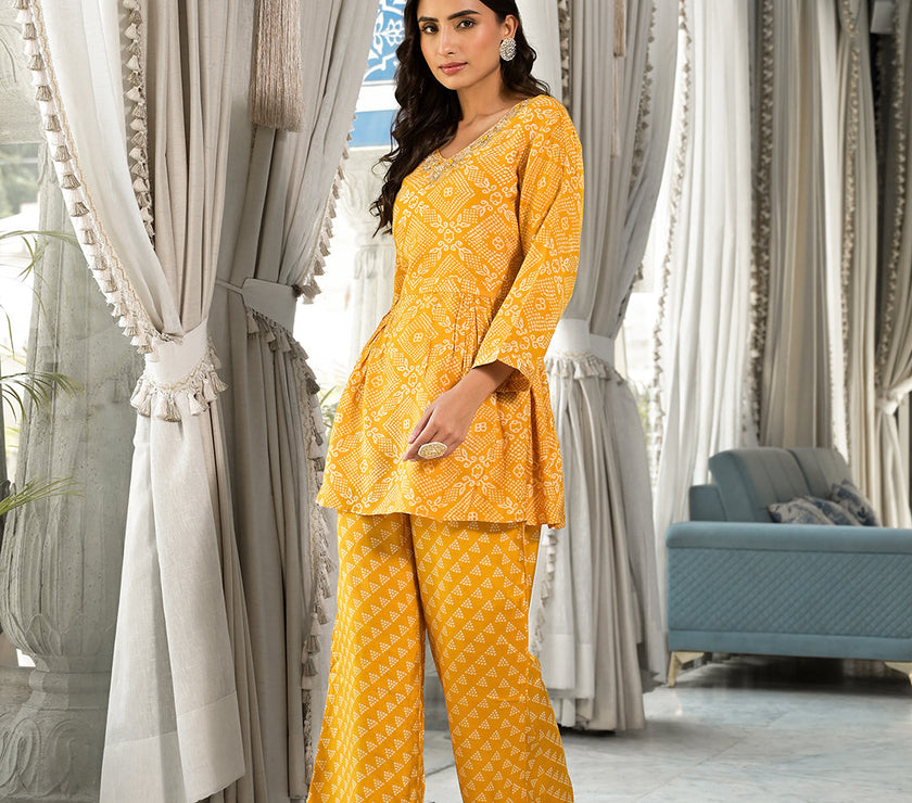 Mustard Yellow Digital Print Gota Work Pure Muslin Co-ord Set