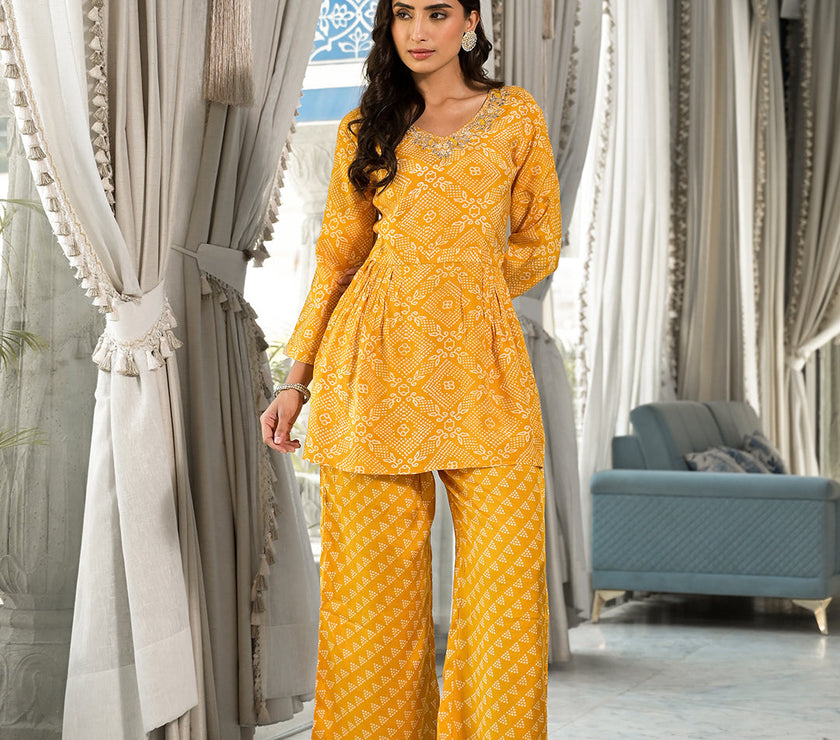 Mustard Yellow Digital Print Gota Work Pure Muslin Co-ord Set