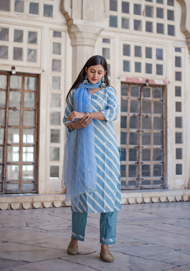 Divena Sky Blue Leheriya Cotton Kurta Pant set With Organza Dupatta